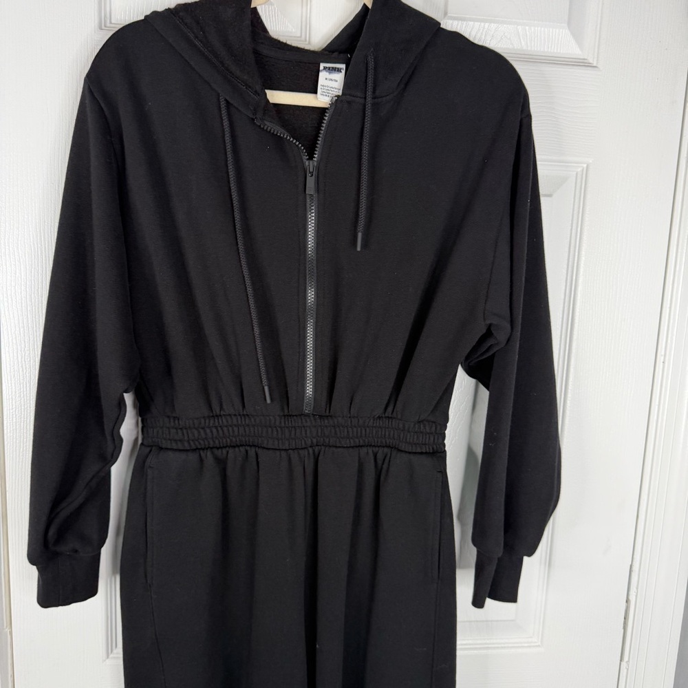 Sz M VS PINK NWOT $69 Ivy Fleece Hooded Jumpsuit Hoodie Black - Picture 4 of 12